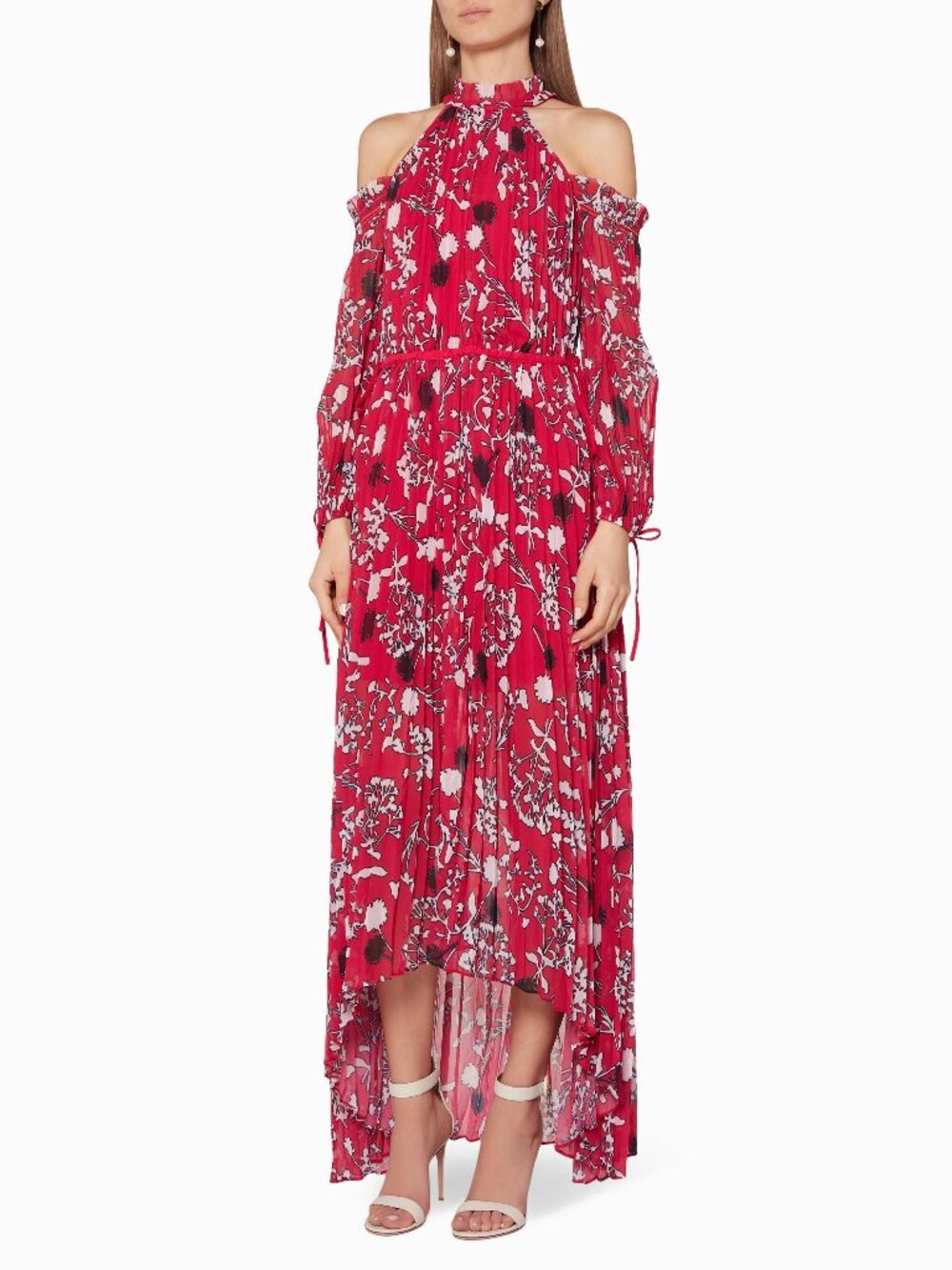 Self-Portrait SS18 Red Floral Pleated Cold-Shoulder Hi-Lo Dress